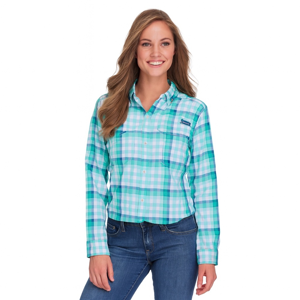 Columbia Super Bahama Shirt PFG long sleeve green blue plaid size large nwot